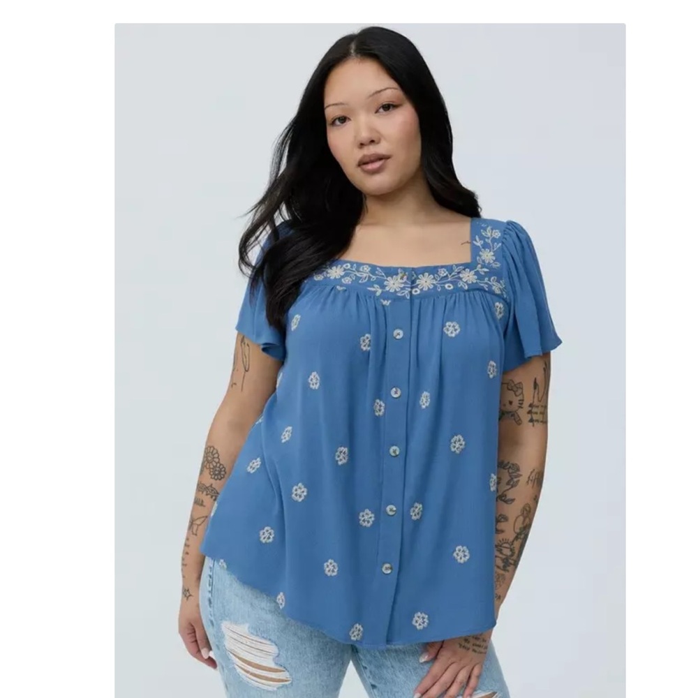 Torrid Blue Horizon Floral Embroidered Plus Size Women's 3X Top